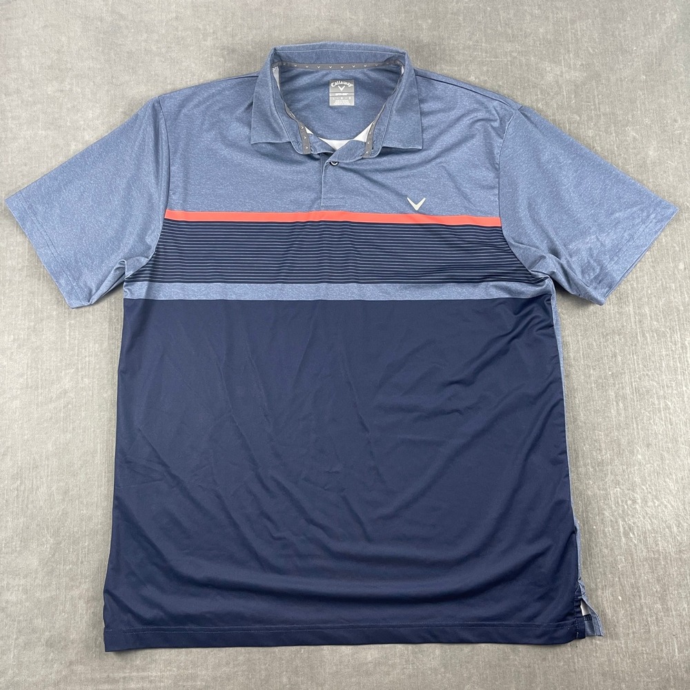 Callaway Mens Large Blue Polo Shirt Opti-Dri Colorblock Striped Short Sleeve